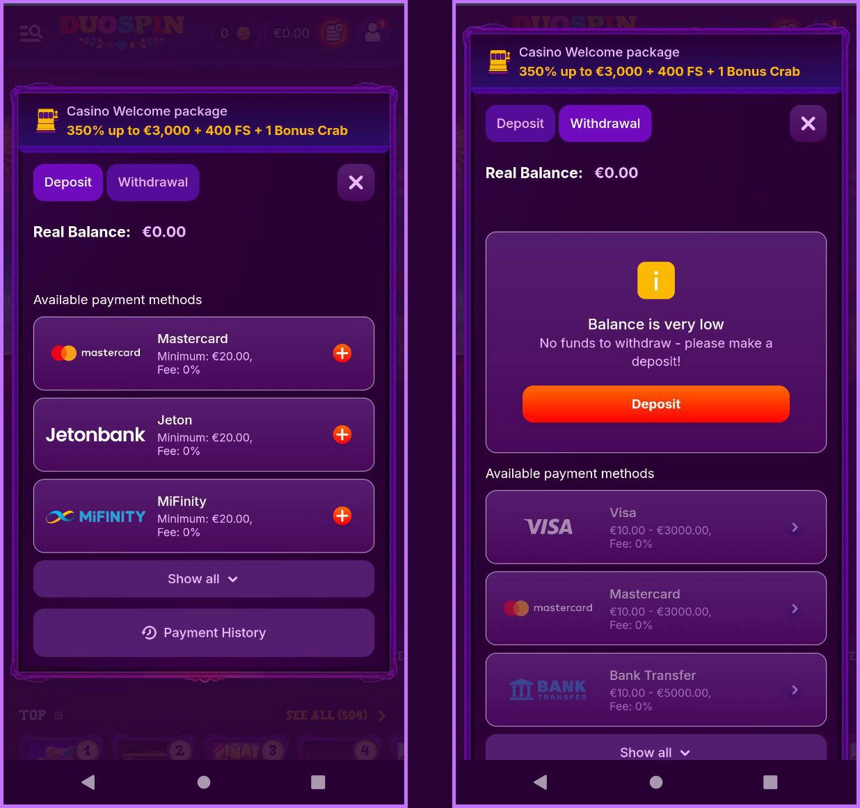 Deposit and withdrawal information at Duospin