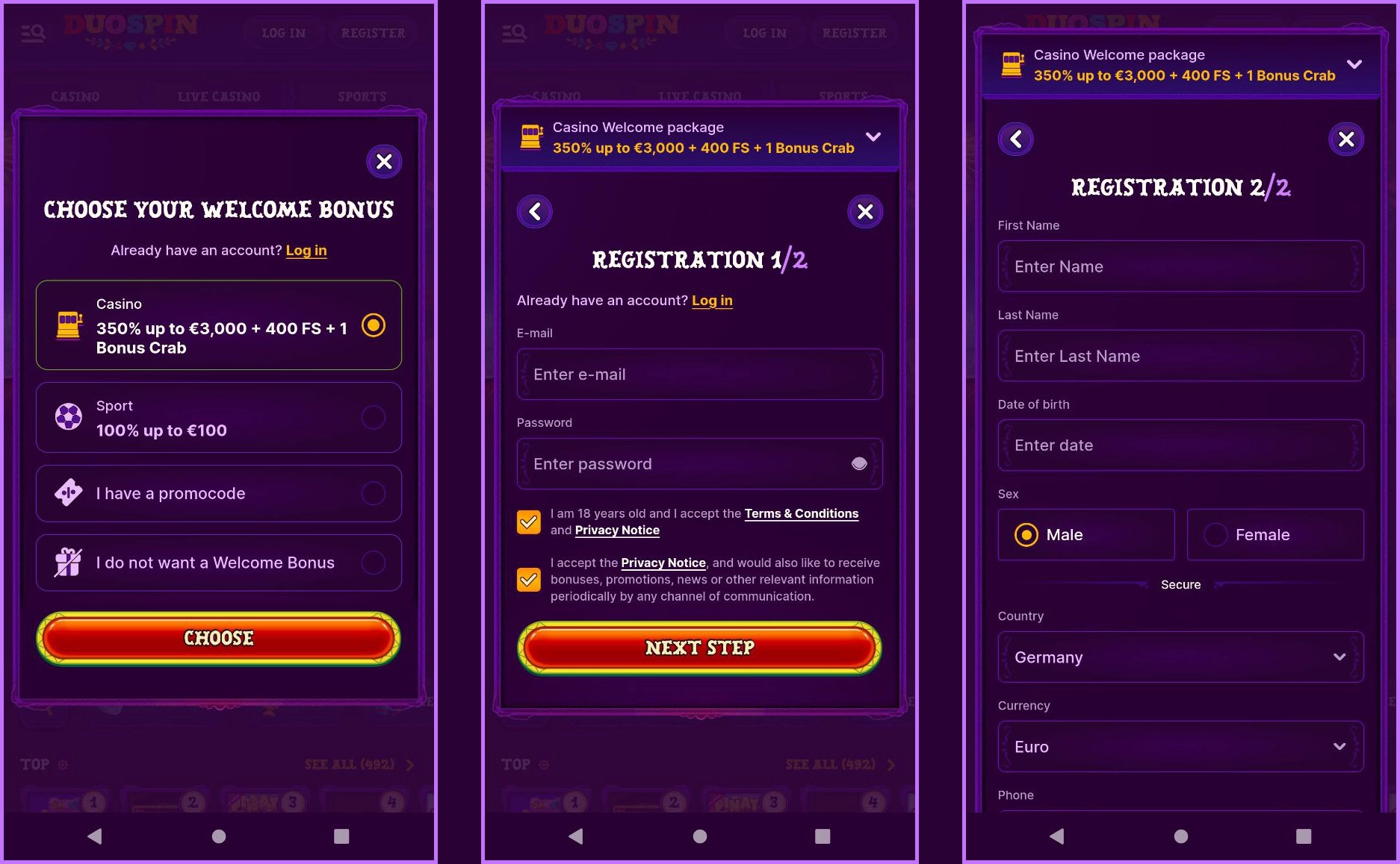 Quick registration for new players at Duospin