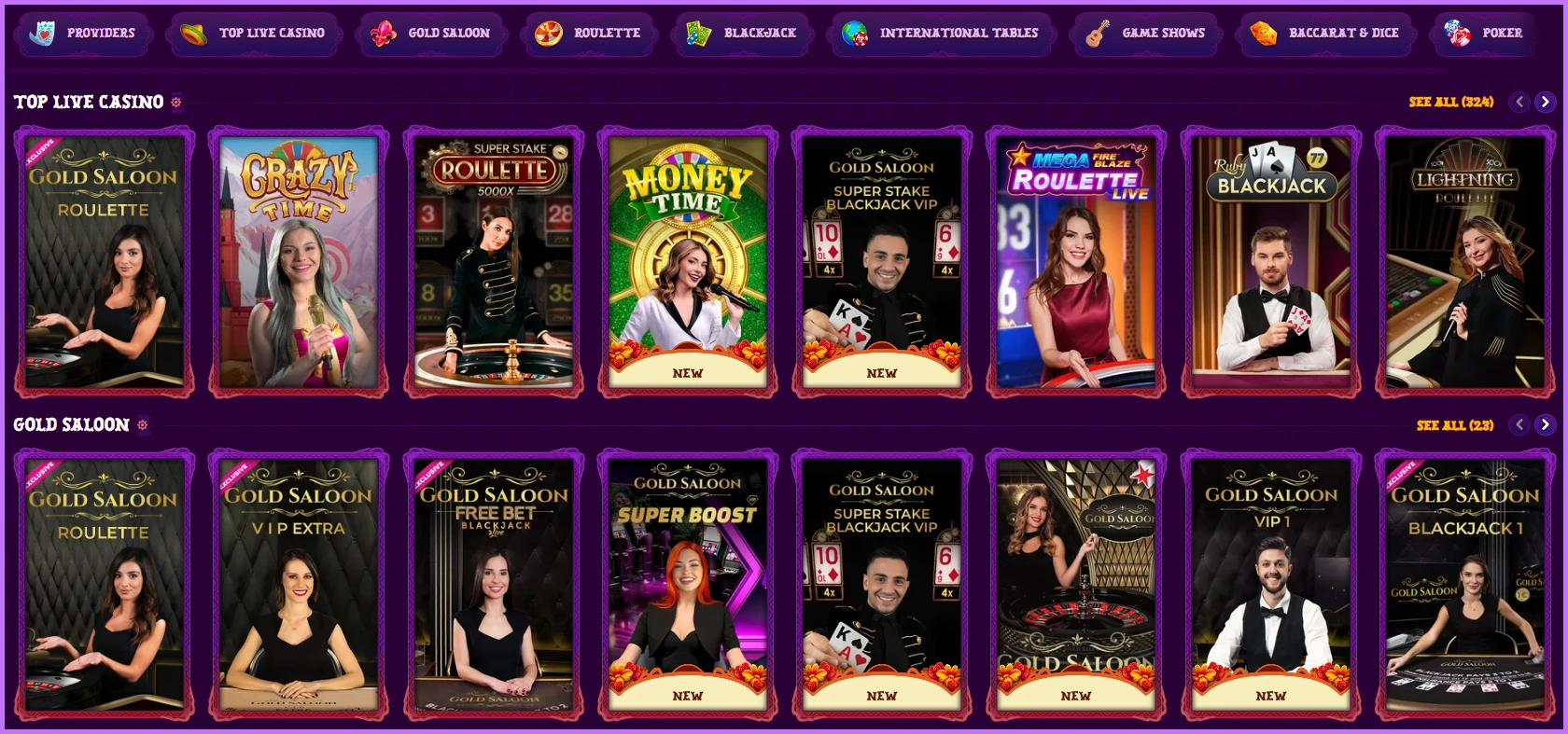 Duospin live casino game overview showing all available tables and dealers for players