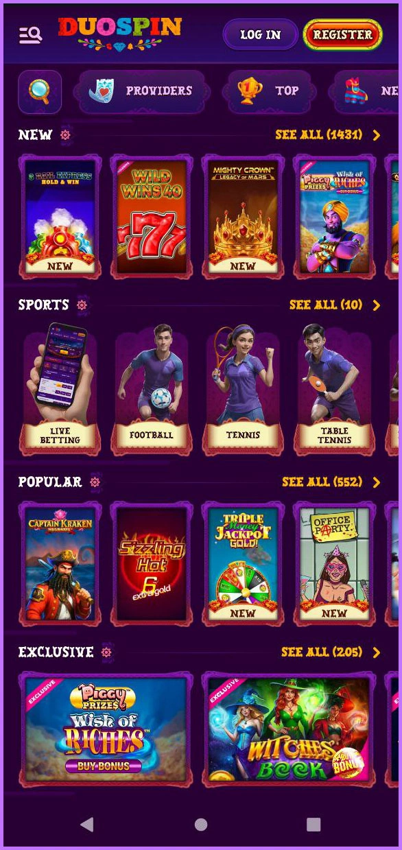 All game types in convenient category view at Duospin