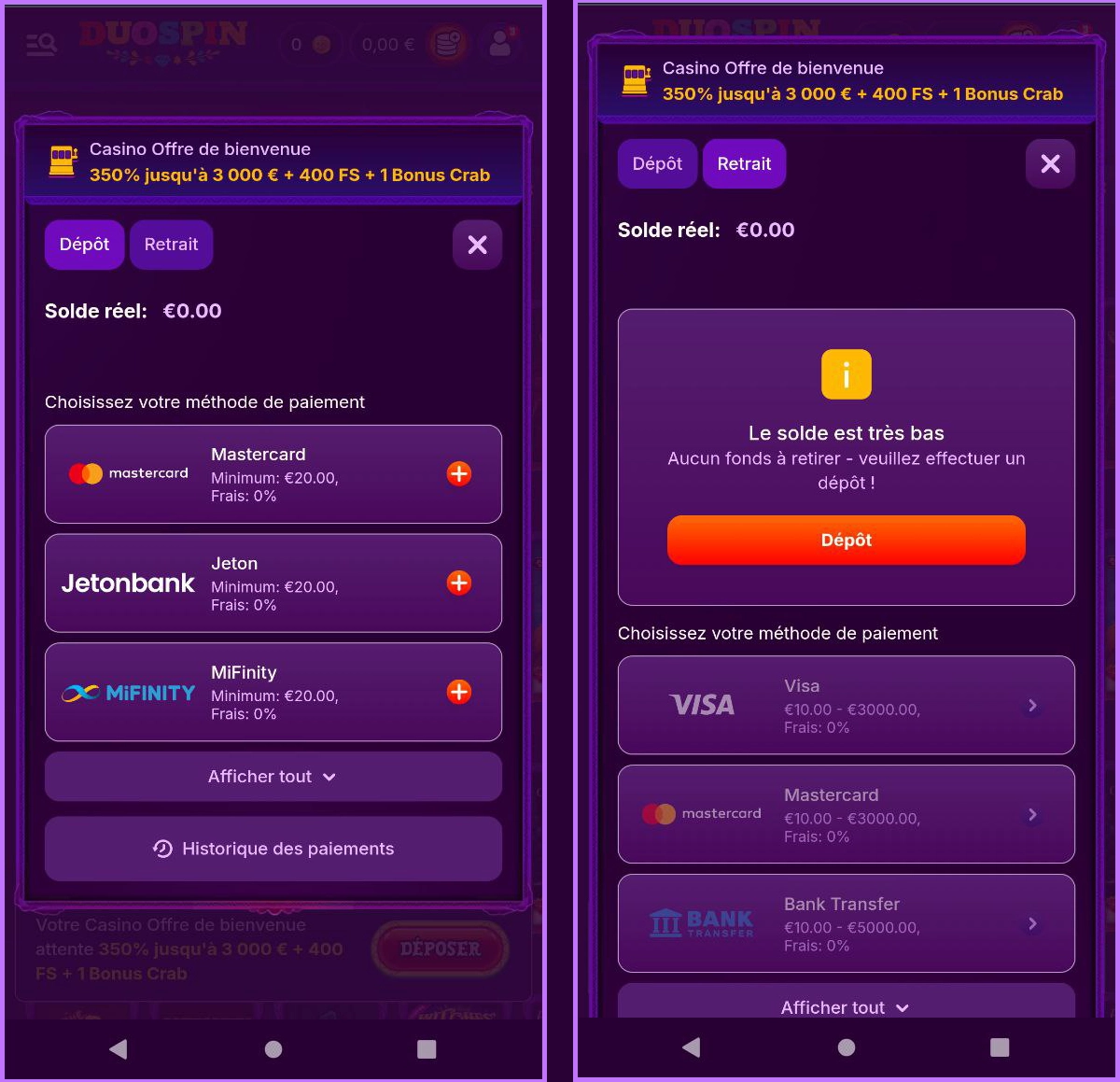 Informations sur les dépôts et retraits chez Duospin Casino