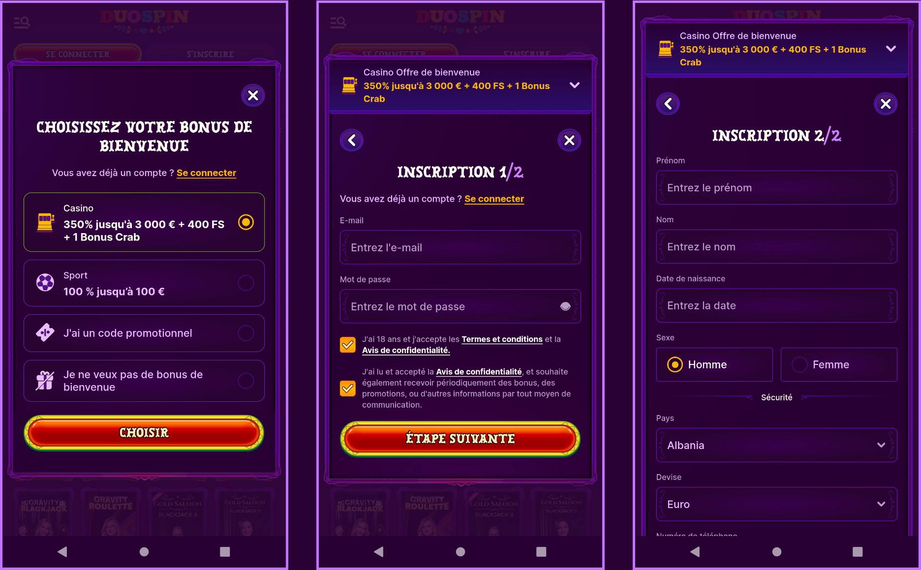 Inscription rapide pour les nouveaux joueurs chez Duospin
