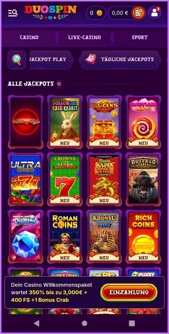 Jackpot-Spiele mit hohen Gewinnen bei Duospin