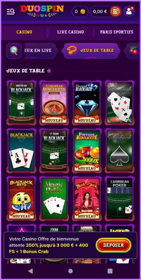 Découvrez les jeux de table classiques en direct chez Duospin