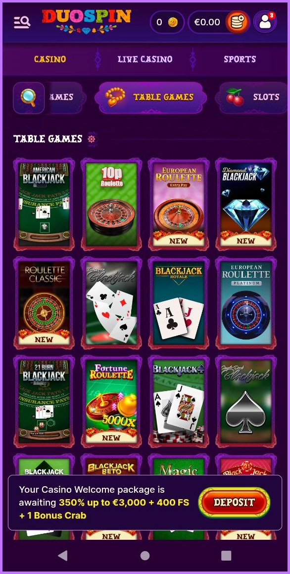 Classic live table games available at Duospin