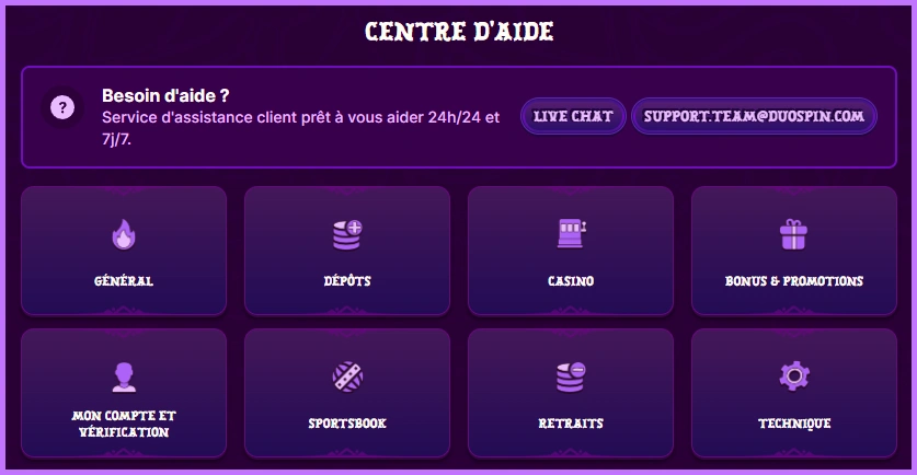 Options de contact pour le support chez Duospin
